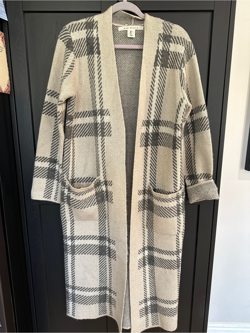 Max Studio Long Open-Front Plaid Cardigan - Cream & Gray